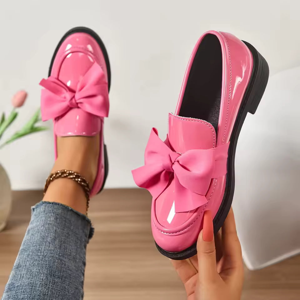 Isleen - Shiny Leather Bowknot Loafers