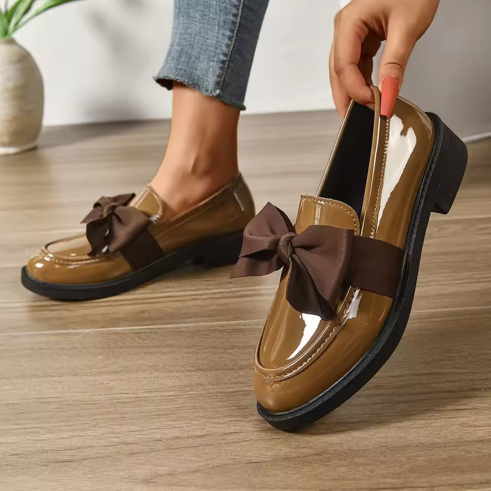 Isleen - Shiny Leather Bowknot Loafers